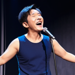 **Lee Sang-min stand-up comedian transformation:** Lee Sang-min in a funny pose on a comedy stage, spotlight shining, microphone in hand, Vietnamese audience laughing.