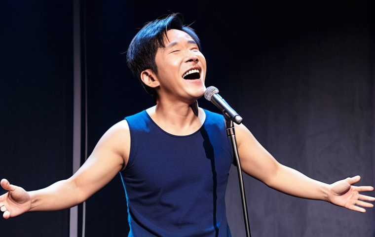 **Lee Sang-min stand-up comedian transformation:** Lee Sang-min in a funny pose on a comedy stage, spotlight shining, microphone in hand, Vietnamese audience laughing.